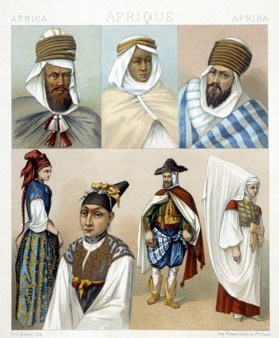 Costumes and hairstyles from Algeria. Illustration in 