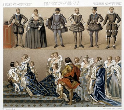 Costumes of Queen Marguerite of France (Bottom), and Henry IV (Top) in the 17th and 18th Centuries. Illustration in 