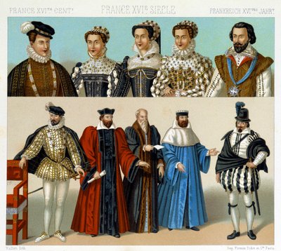 Costumes of nobles and magistrates in France in the 17th century. Chromolithographic plate - in Le costume historique by Racinet by Albert Charles August Racinet