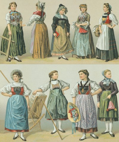 Costumes of the Cantons, Illustration from The Complete Costume History by Albert Charles August Racinet