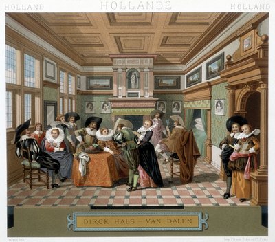 Dutch in costumes and in an 18th century interior. Illustration in 