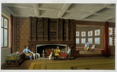 English Lord and His Family in His 17th Century Home. Chromolithographic Plate - in 