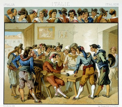 Group of Italians around a writer represented in the popular Roman costumes of the 19th century. Chromolithographic plate - in 