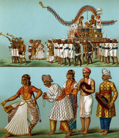 India, parades, music, dances, from Le Costume Historique, Volume I by Albert Charles August Racinet
