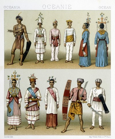Inhabitants of the Celebes Islands in Indonesia. Illustration in “Le Costume Historique” by Racinet by Albert Charles August Racinet