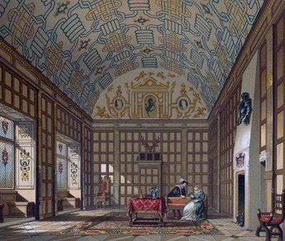 Interior of 16th century English dwelling, Lithograph by Gaulard from Le Costume historique (The Complete Costume History) by Albert Charles August Racinet