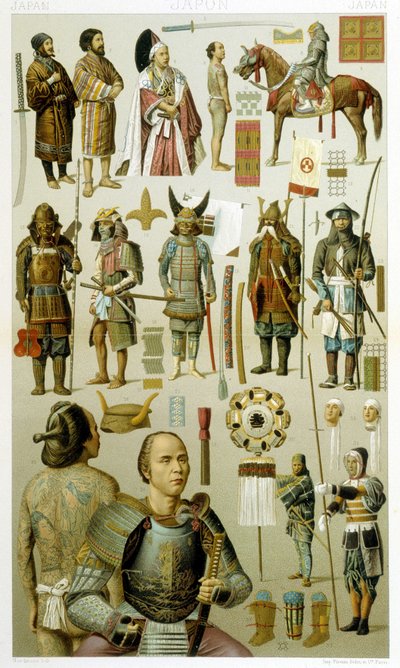 Japanese warrior costumes (samoura or yakuza). Chromolithographic plate - in 