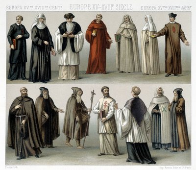 Monastic costumes in Europe from the 15th to the 18th centuries. Illustration in 