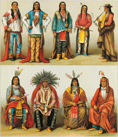 Native Americans of Mississippi and Colorado, Lithograph by Nordmann and Sahn from Le Costume Historique, Volume 2 by Albert Charles August Racinet