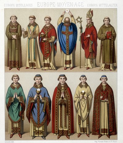 Religious costumes in Europe in the Middle Ages. Illustration in Le costume historique by Racinet by Albert Charles August Racinet