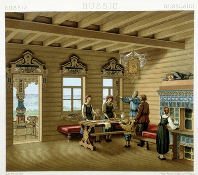 Russian Family in a Typical Residence in Russia in the 19th Century. Chromolithographic Plate - in 