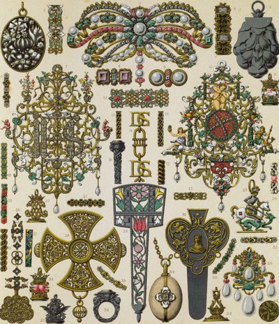 Seventeenth-century jewelry, lithography published in Le costume historique, Volume V by Albert Charles August Racinet