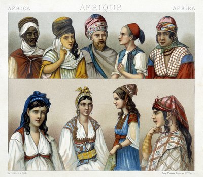 Traditional costumes and headdresses of men and women in Algeria. Illustration in 