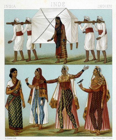 Transport and Traditional Feminine Costumes. Illustration in “Le Costume Historique” by Racinet by Albert Charles August Racinet