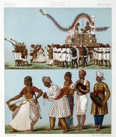 Transport, Music, Dance and Traditional Costumes of India. Illustration in 