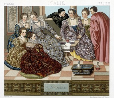 Venetian costumes of the 17th century. Illustration in The historical costume by Racquet by Albert Charles August Racinet