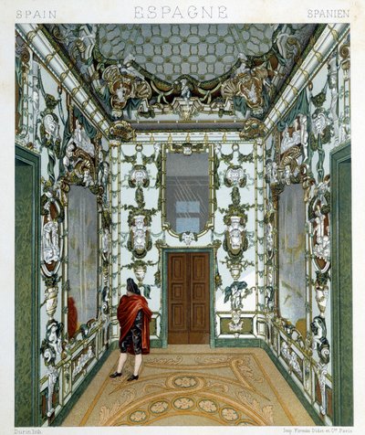 View of a man inside the Royal Palace of Madrid. Chromolithographic plate - in 