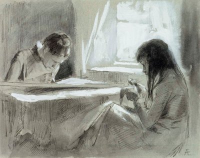 Girls Sewing by the Window by Albert Edelfelt