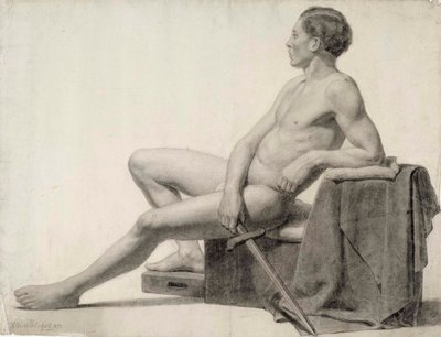 Seated Male Model Holding a Sword, Academy Study by Albert Edelfelt