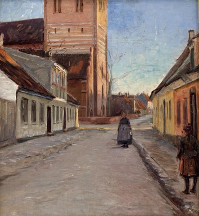 Street in Køge with Nicolai Church to the Left by Albert Gottschalk