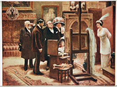 Fine Arts. Painter showing his creation. Postcard by Alfred Guillaume, France, c.1920 by Albert Guillaume