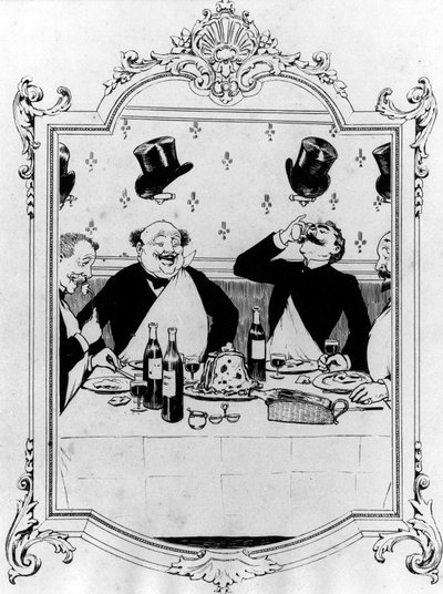 Four men drinking during a meal in a restaurant - drawing by Guillaume in 