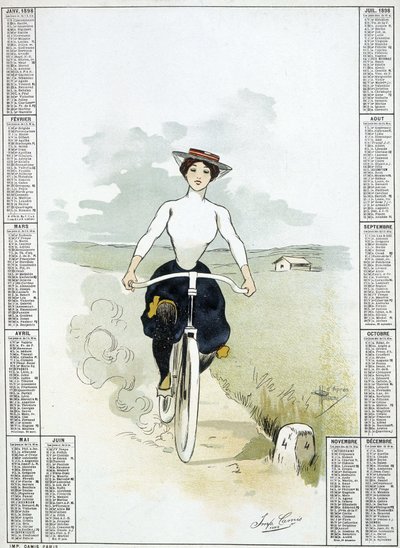 Woman on a bicycle - drawing by Guillaume, calendar by Albert Guillaume