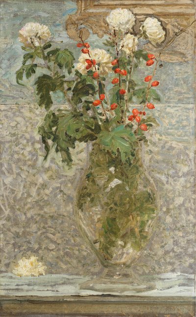White Chrysanthemums and Red Berries by Albert Joseph Moore
