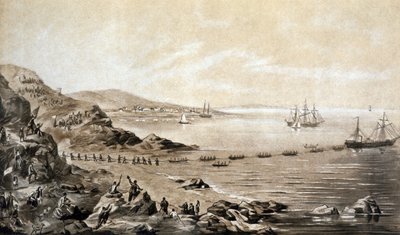 Installation of the first transatlantic telegraphic cable between Ireland and Canada (1857) engraving by Albert Kruger c.1870 by Albert Kruger