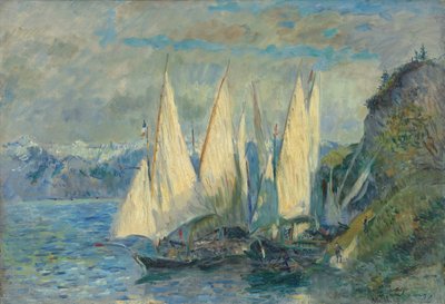 Boats with Large Sails on Lake Geneva at Meillerie in Haute-Savoie by Albert Lebourg