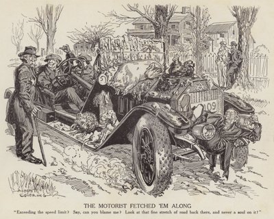 Cartoon mocking a man driving his car in excess of the speed limit by Albert Levering