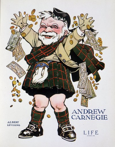 Charge portrait of Andrew Carnegie in plaid suit and throwing money - by Albert Levering, in 