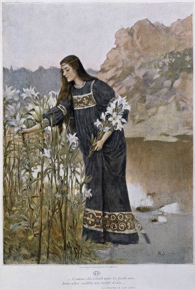 A woman blows iris - by Lynch, early 20th century by Albert Lynch