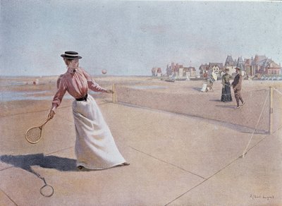 Amateur tennis match on the beach - drawing by Lynch, 20th century by Albert Lynch