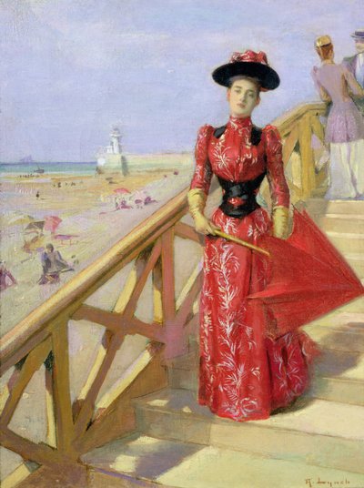 Woman Walking Down Steps on to a Beach by Albert Lynch