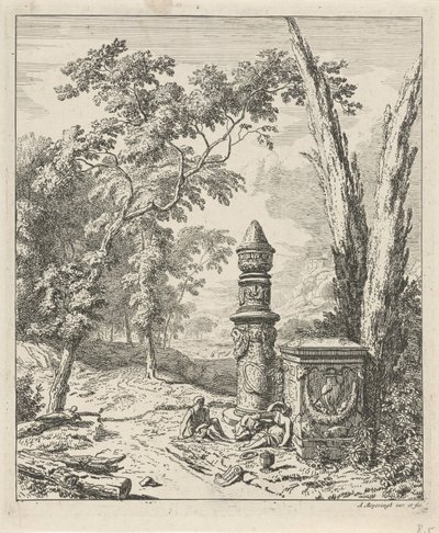 Landscape with Resting Figures by a Tomb Monument by Albert Meyering