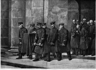 The funeral of a disabled person. French soldiers carrying the coffin of a soldier during his funeral in the Church of Soldiers (Saint Louis des Invalides) in Paris. Engraving after the painting by Albert Pierre Dawant (1852-1923) in 