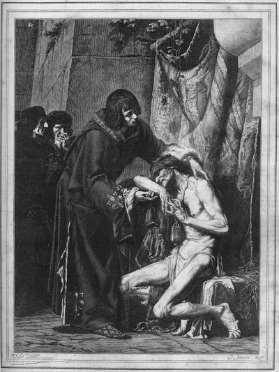 Louis IX consoles a leper: the King of France Saint Louis (1214-1270) and a sick person during an outbreak of leprosy. Engraving from 1878 from the painting by Albert Maignan (1845-1908) by Albert Pierre René (after) Maignan