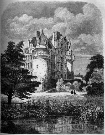 Chateau de la Loire: exterior view of the Chateau de Brissac (Renaissance architecture) by Albert Pierre Rene Maignan