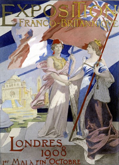 Two women, symbol of France and England, shake hands. Poster by Albert Maignan (1908) for the 1908 Franco-British exhibition in London by Albert Pierre Rene Maignan