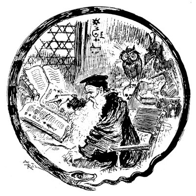Alchemist Consulting His Grimoires Under the Eyes of an Owl and a Demon - the Frame of the Image is Shaped by a Snake Biting Its Tail - Illustration by Albert Robida for a Chapter by Albert Robida