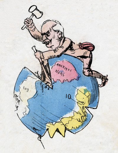 Ferdinand de Lesseps (1805-1894), French diplomat and administrator, sculptor and decorator of continents. Caricature by Robida by Albert Robida