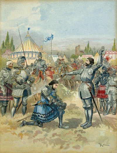 Fifth Italian War: Pierre Terrail de Bayard armor Francois 1st knight after the battle of Marignan, on the evening of 14 September 1515. Illustration by Albert Robida