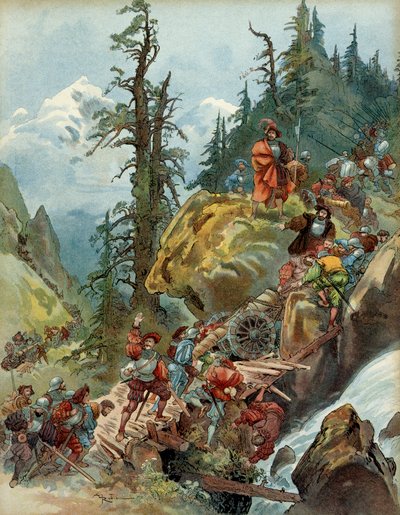 Fifth Italian War (1515-1516): the passage of the Alps in August 1515, by the Larche Pass, of the army of Francis I (1494-1547), en route to Italy by Albert Robida