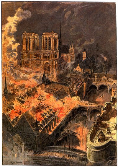 Fire at the Hotel-Dieu, Near Notre-Dame de Paris, on the Night of December 29-30 by Albert Robida