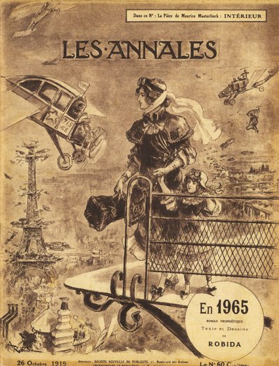 First publication of the novel of anticipation prophetic “En 1965” by Albert Robida (1848-1926) in 1919 in the magazine “Annales Politiques et Litteraires” - Paris suffers traffic congestion... in the sky! Self-flying and taxi planes by Albert Robida