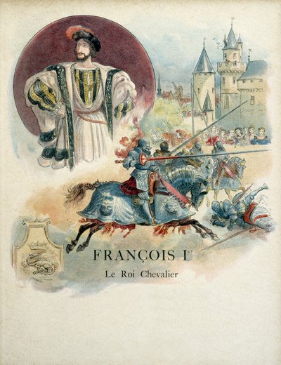Francois I, portrait of the King of France and tournament scene. Illustration by Albert Robida by Albert Robida