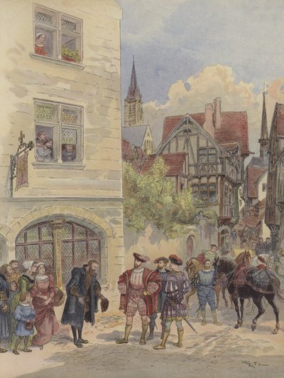 Francis I is Received by Estienne at the Door of His Printing House, at the Sign of the Olive Tree, Rue Saint-Jean-de-Beauvais, Paris by Albert Robida