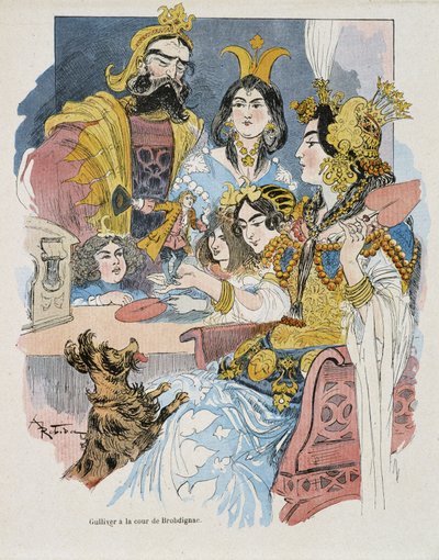 Gulliver at the Brobdignac Court - in Gulliver Voyages by Swift, illustrated by Robida by Albert Robida