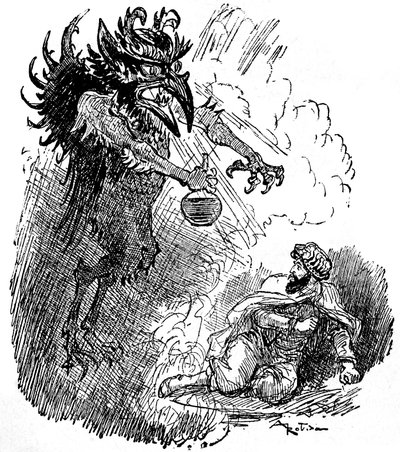 Illustration by Albert Robida of an Arab legend (1001 nights): a horrible demon presents a man with a bottle of wine. engraving of the book “Choix de lectures” Armand Colin 1926 by Albert Robida